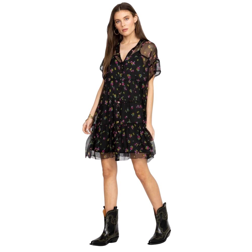 Johnny Was Natalia Black Floral Silk Chiffon Tiered Lightweight Mini Dress S